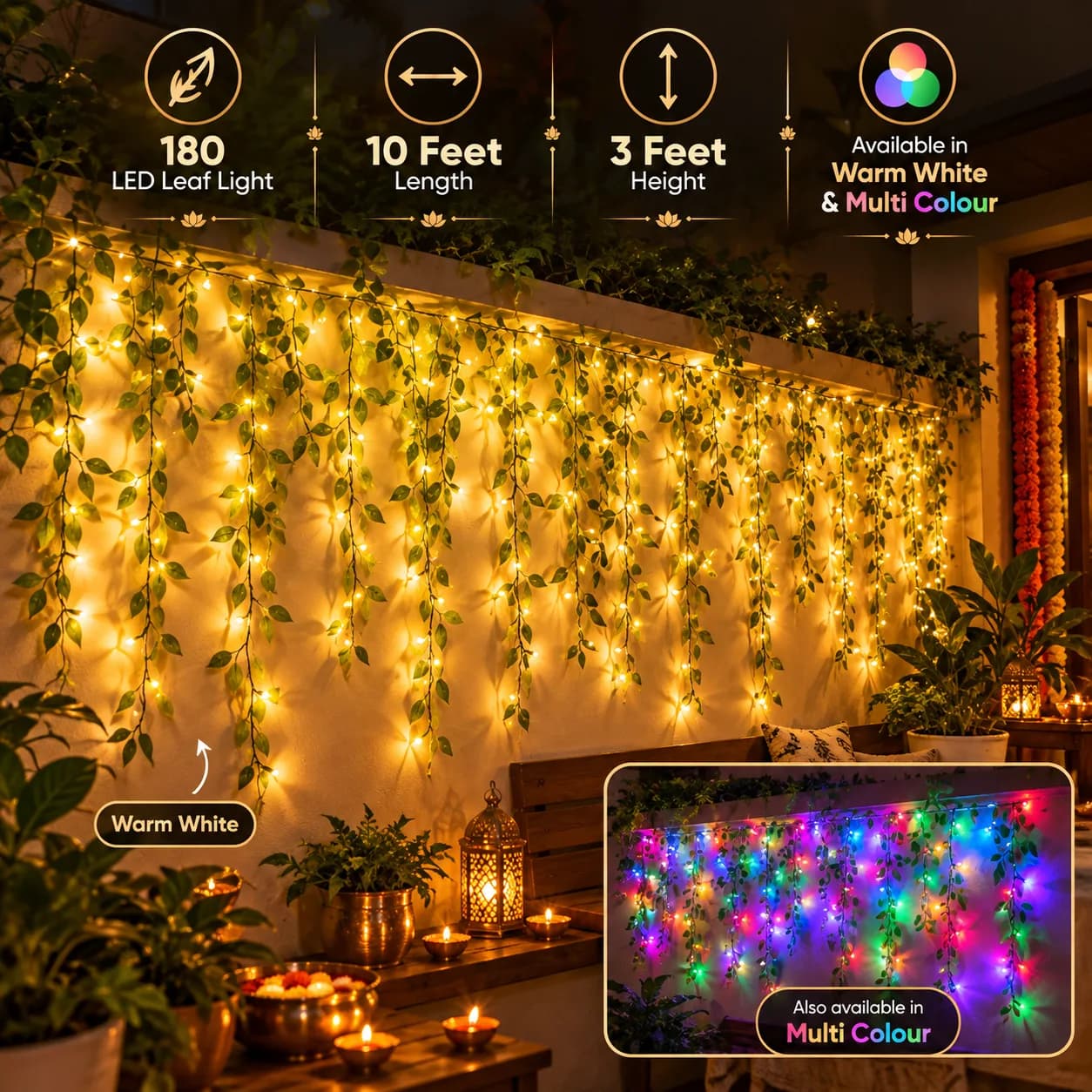 10 Feet LED Leaf Curtain Lights for Diwali Decoration – 180 LEDs, Warm White & Multicolour — 2